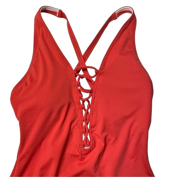 Michael Kors Safari Solids Lace-up Cross-back One-piece Swimsuit Red Size 10 - Picture 2 of 8